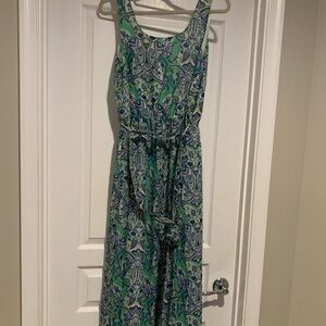 Banana Republic Green and Blue Paisley Dress with matching belt.